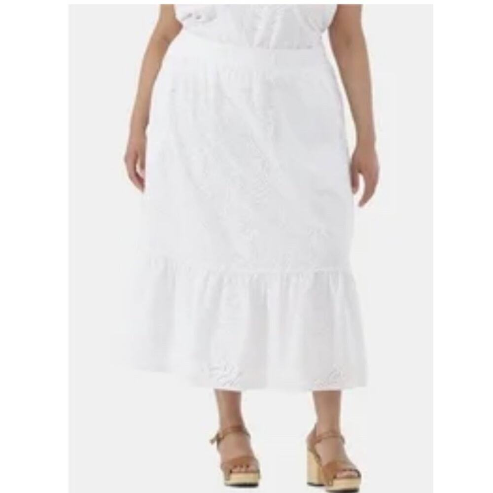 White Eyelet Midi Skirt 1X Tiered Cotton Boho Cottagecore Elastic Waist - Picture 9 of 11